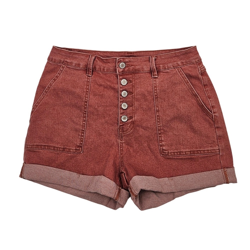Sidefeel Womens Rust Red High Waisted Button Fly Cuffed Denim Shorts Size 12